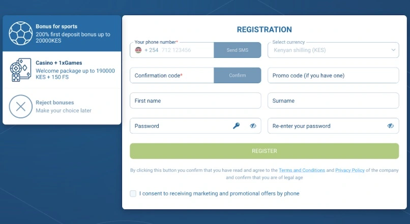 1xBet Kenya registration form by phone number.