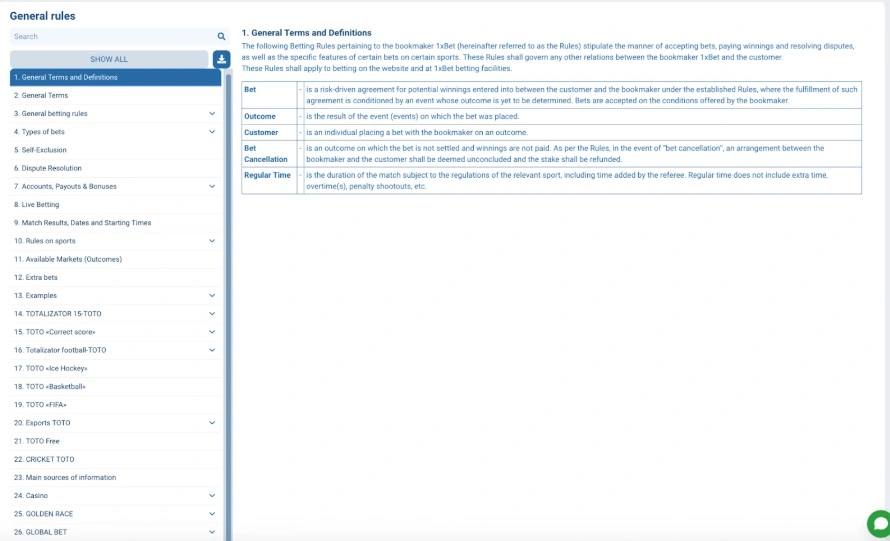 1xBet terms and condition document.