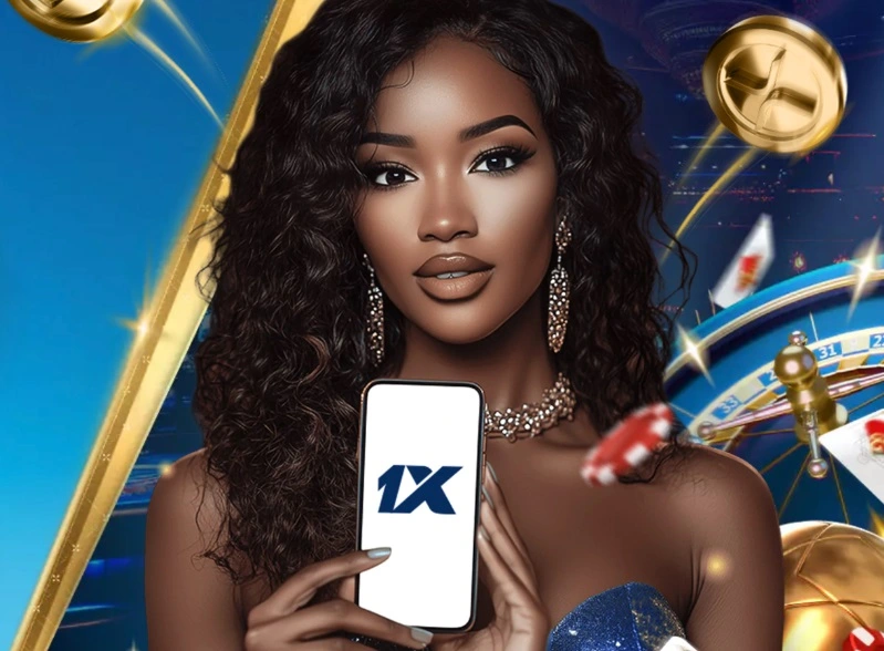 A woman holding a phone with a 1xBet logo on its screen.