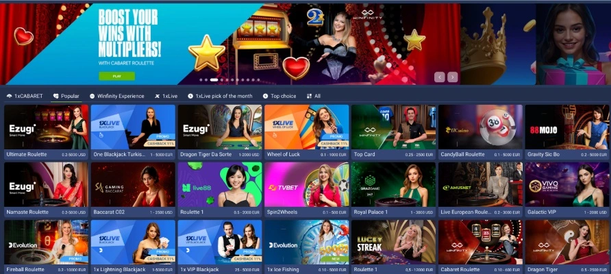 1xBet Live casino interface with games.
