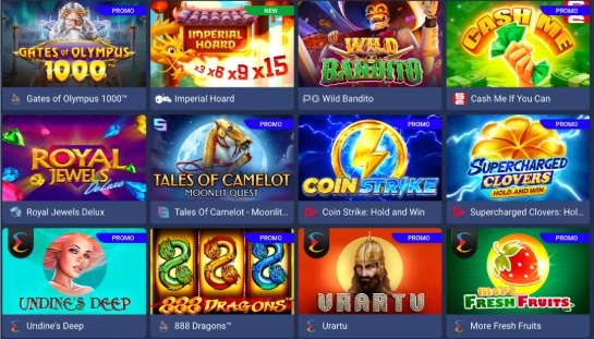 1xBet online slots lobby with popular games.